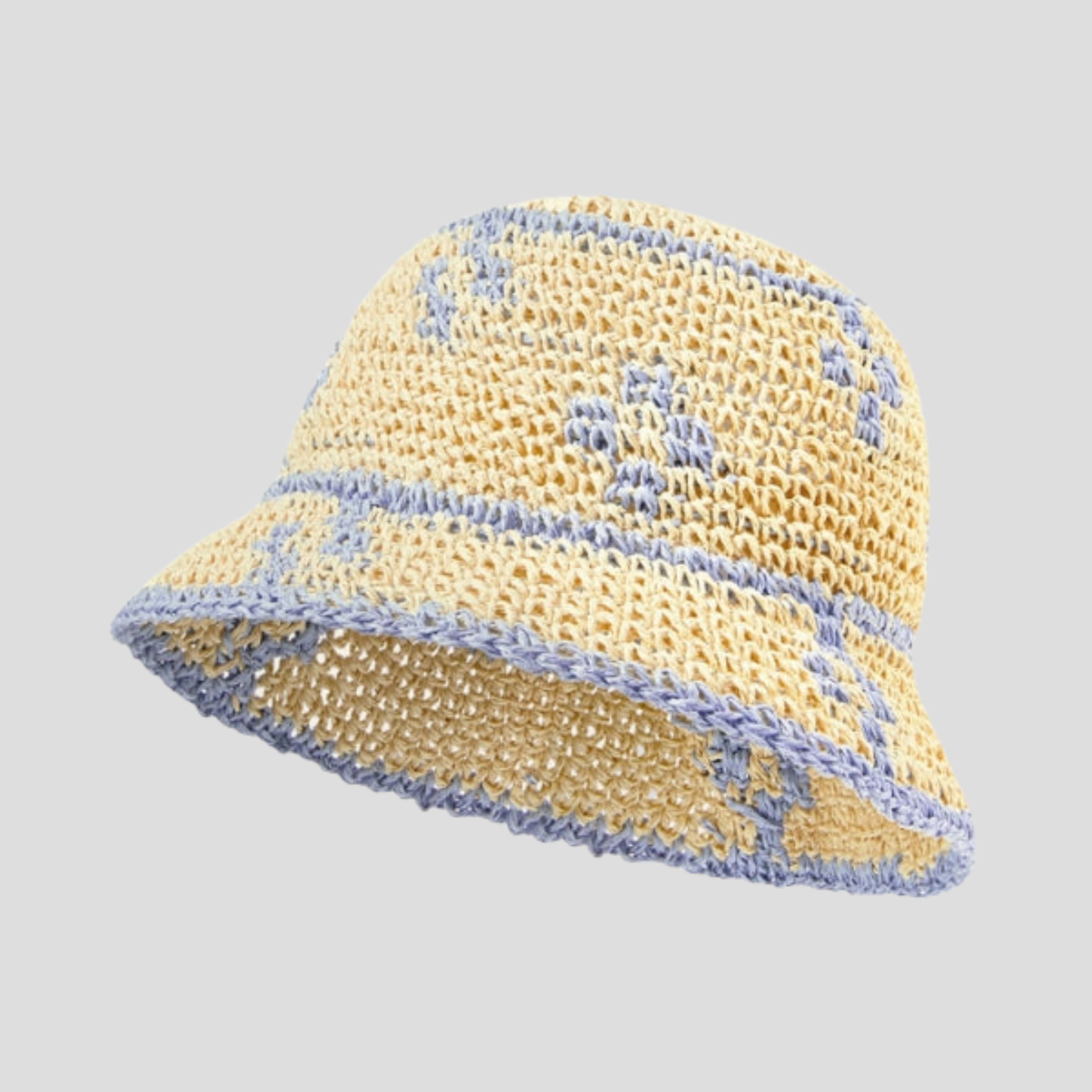 Beige two-tone woven bucket hat with a structured brim for women