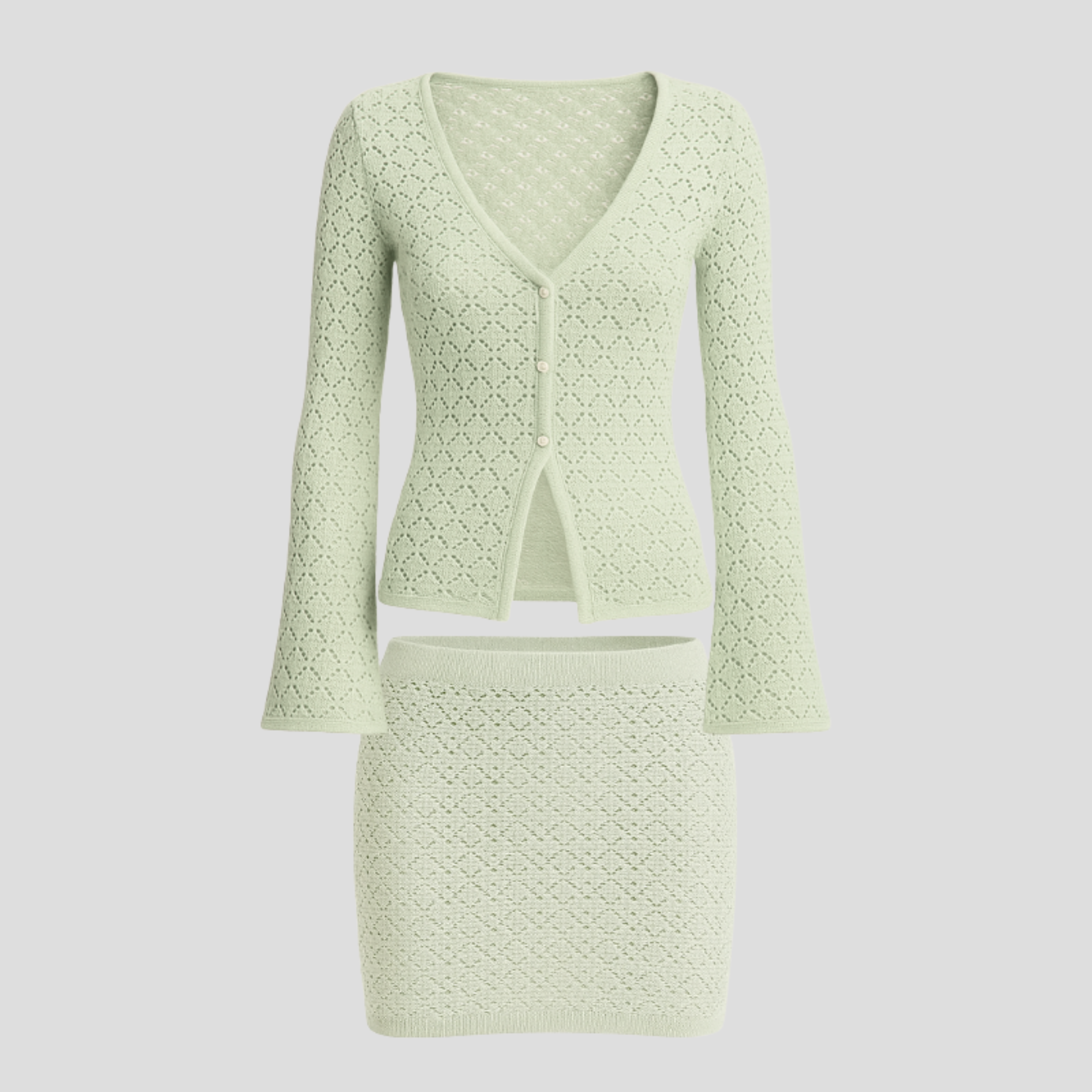 Amalfi V-neck knit top and coordinated front-split skirt set in green and white