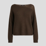 Brown women's boat neck sweater with relaxed draped silhouette and long sleeves