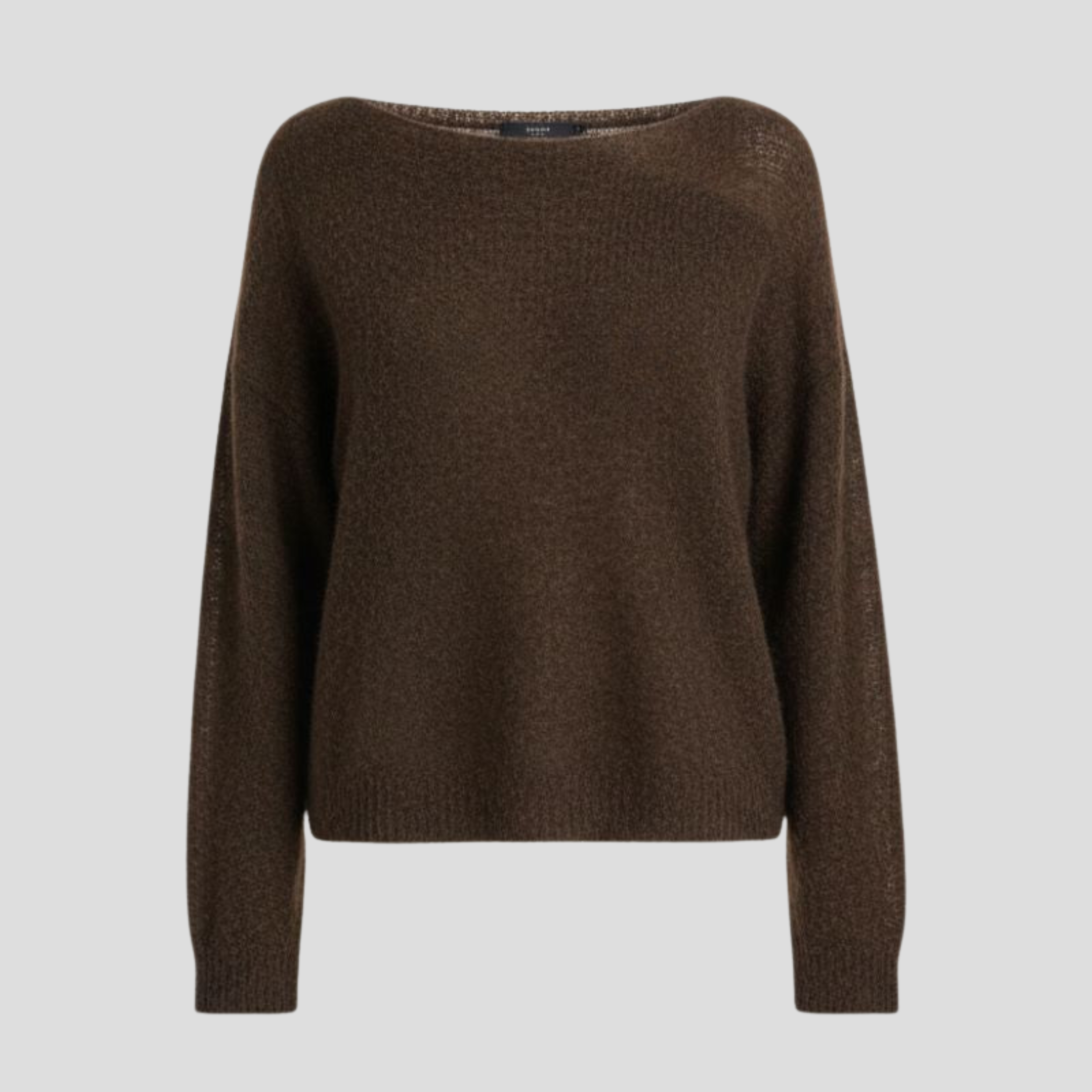 Brown women's boat neck sweater with relaxed draped silhouette and long sleeves