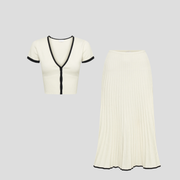 Ivory white two-piece set with cropped button-front top and pleated skirt