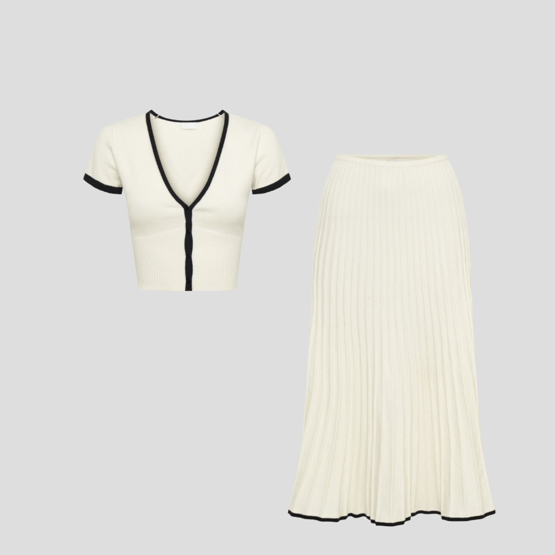 Ivory white two-piece set with cropped button-front top and pleated skirt