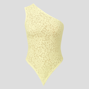 Women's one-shoulder floral lace occasion top shown in multiple colors