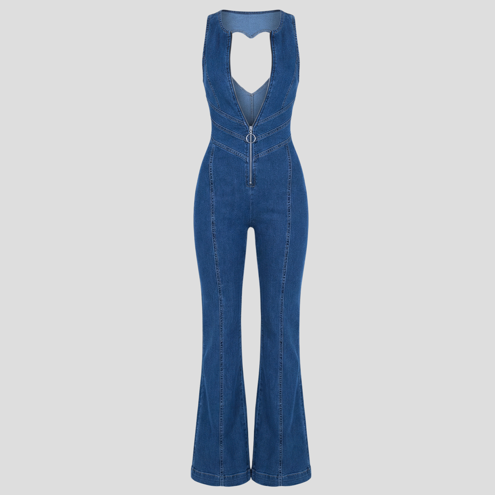 Blue women's jumpsuit with plunge neckline and open cutout back silhouette