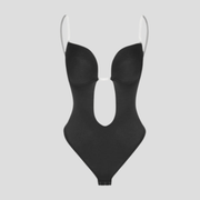 Women's plunge front underwire bodysuit in black with a structured, streamlined silhouette