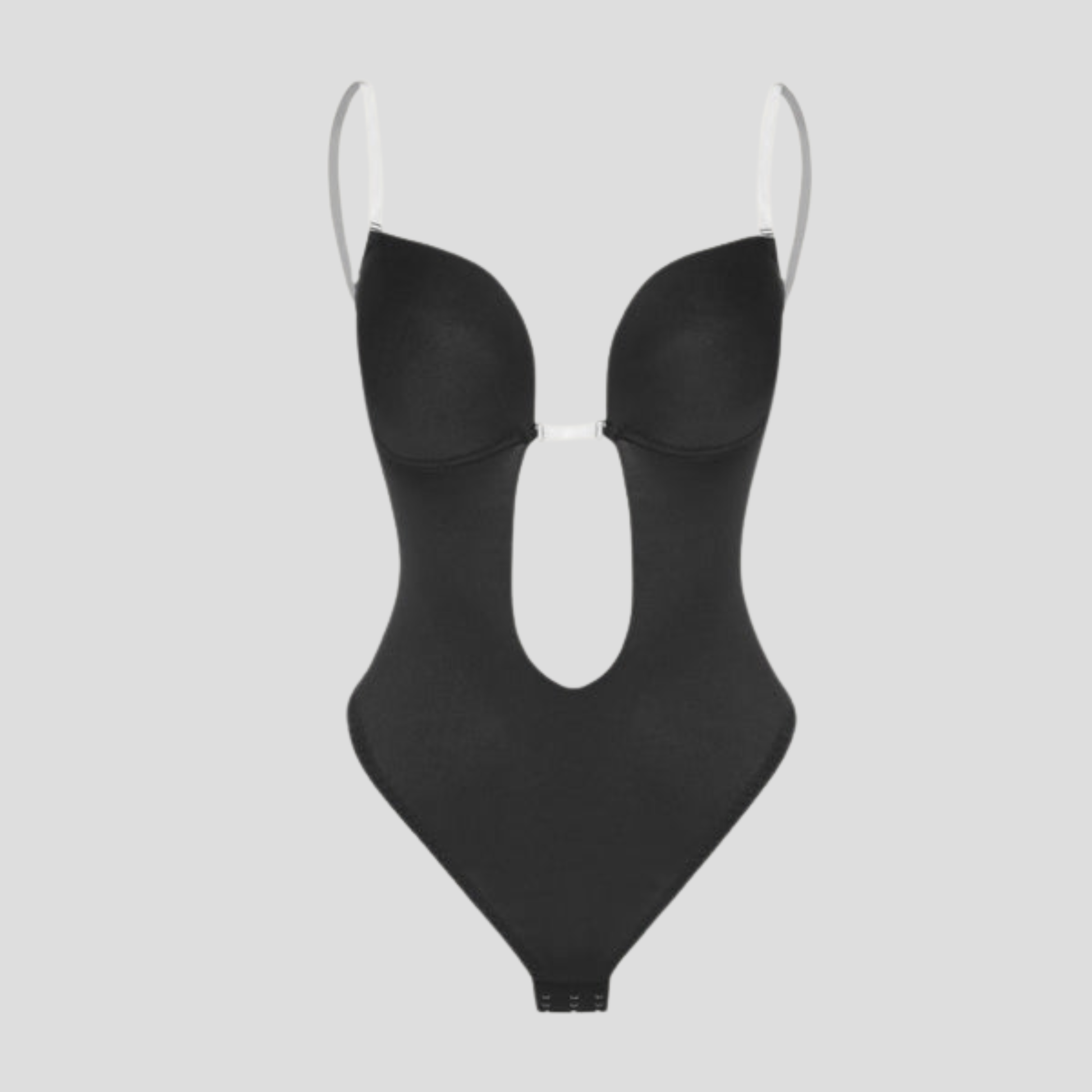 Women's plunge front underwire bodysuit in black with a structured, streamlined silhouette