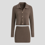Women's brown knit set with cardigan-style top and coordinated skirt