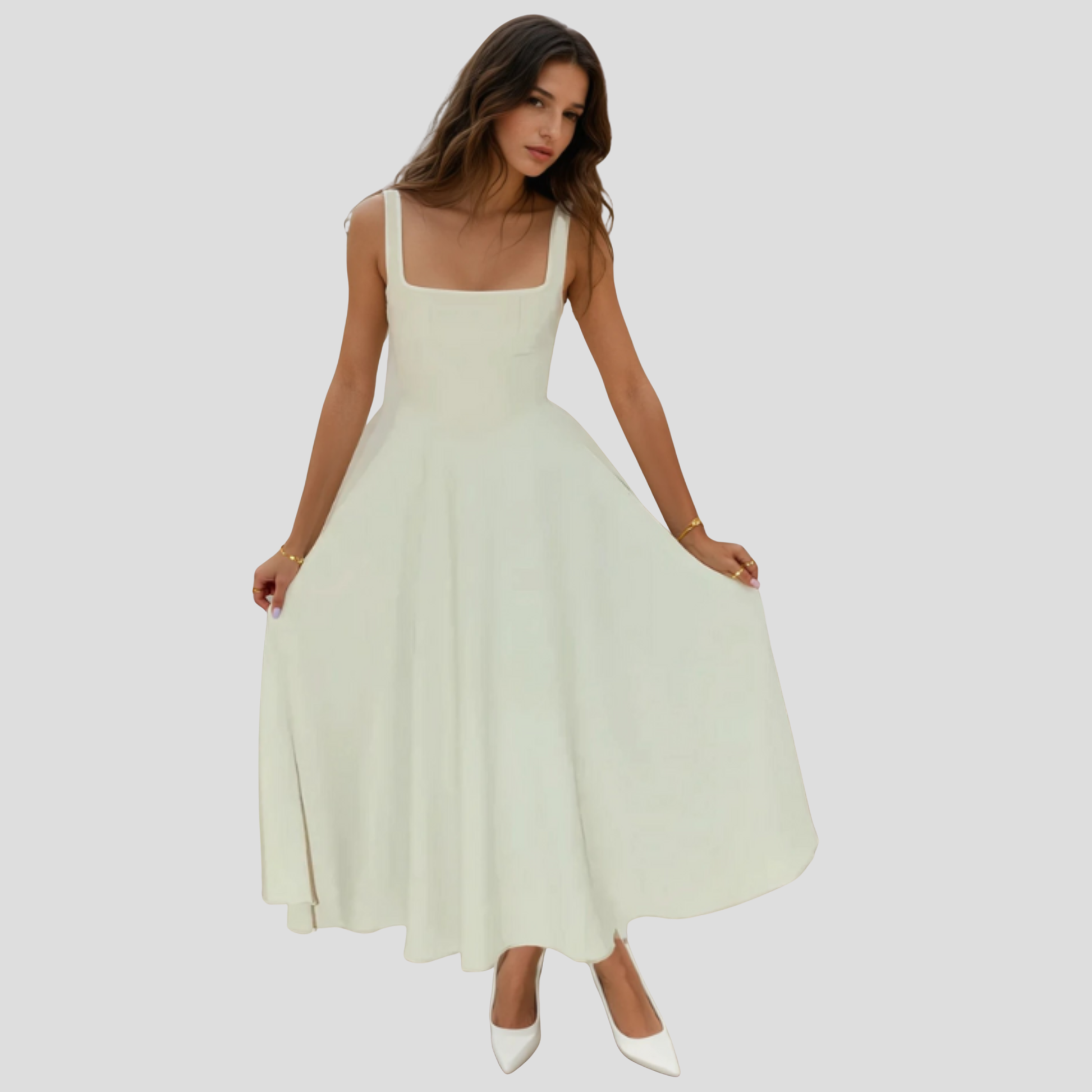 Women's square neckline A-line midi dress in green, white and black