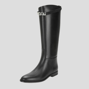 Black knee-high boots with buckle detail on the shaft and a rounded toe