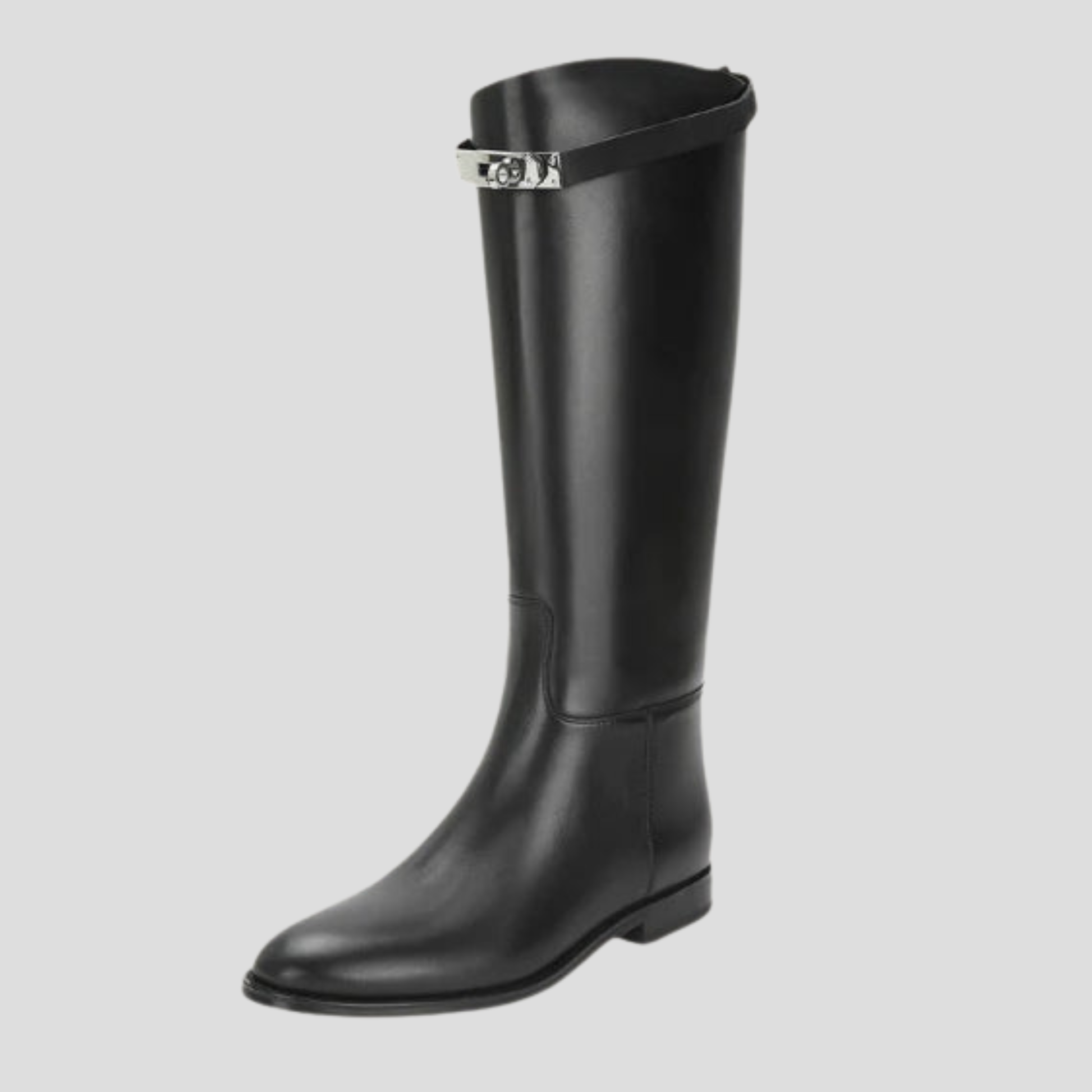 Black knee-high boots with buckle detail on the shaft and a rounded toe