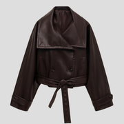 Brown cropped double-breasted women's jacket with defined collar and clean lines
