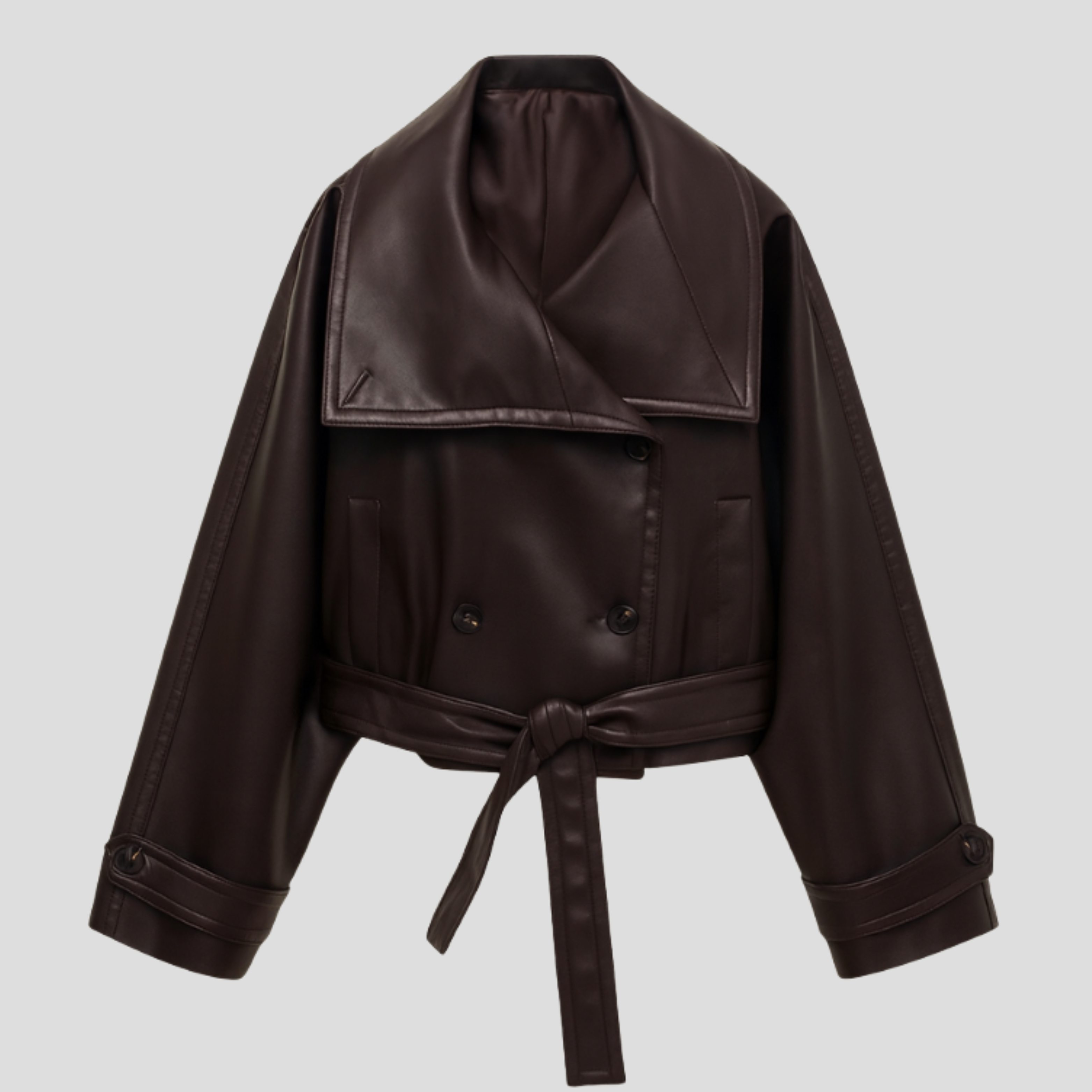 Brown cropped double-breasted women's jacket with defined collar and clean lines