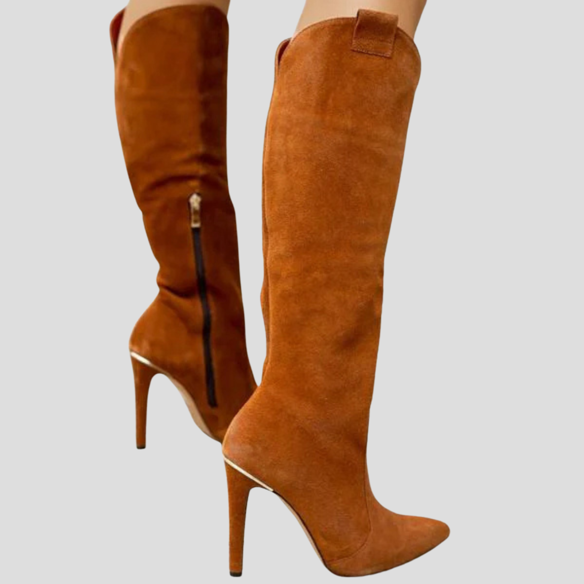 Knee-high pointed-toe women's boots with a slim heel and clean vertical silhouette