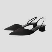 Women's slingback block heel with pointed toe in white, black, and beige