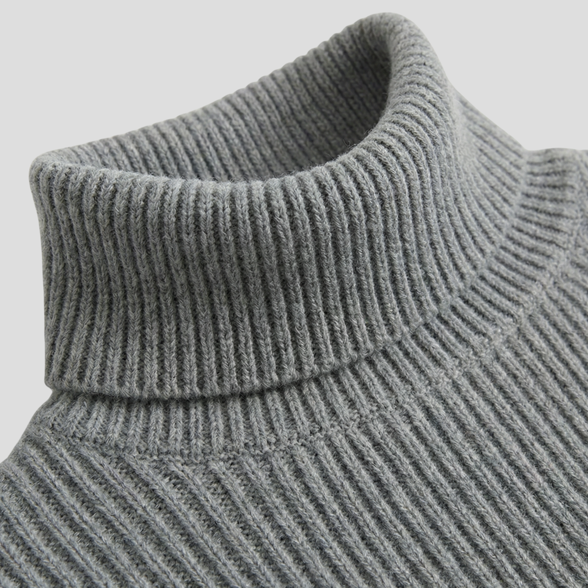 Grey high-neck ribbed knit pullover sweater for women