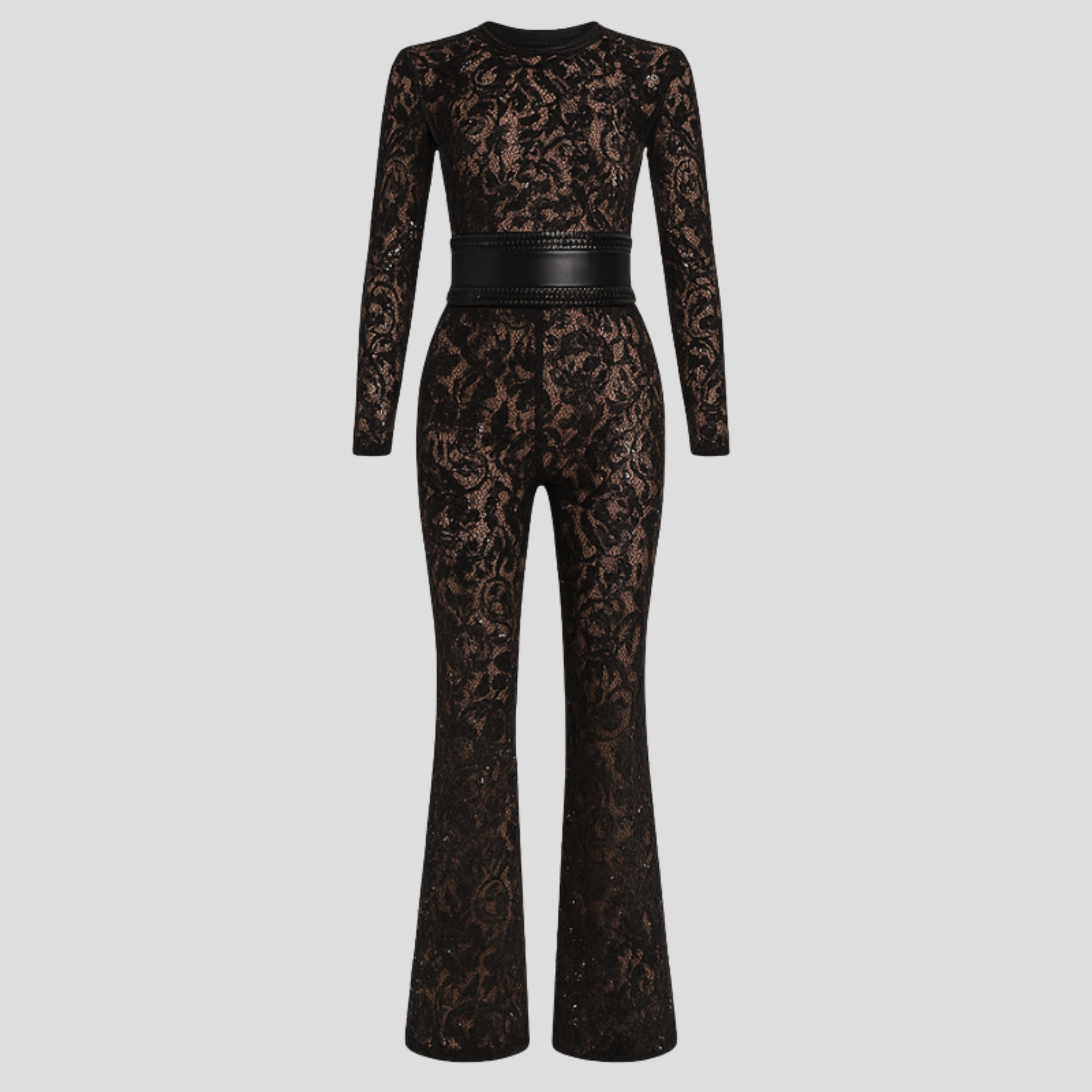 Women's jumpsuit with fitted bodice and flared leg silhouette in black and white