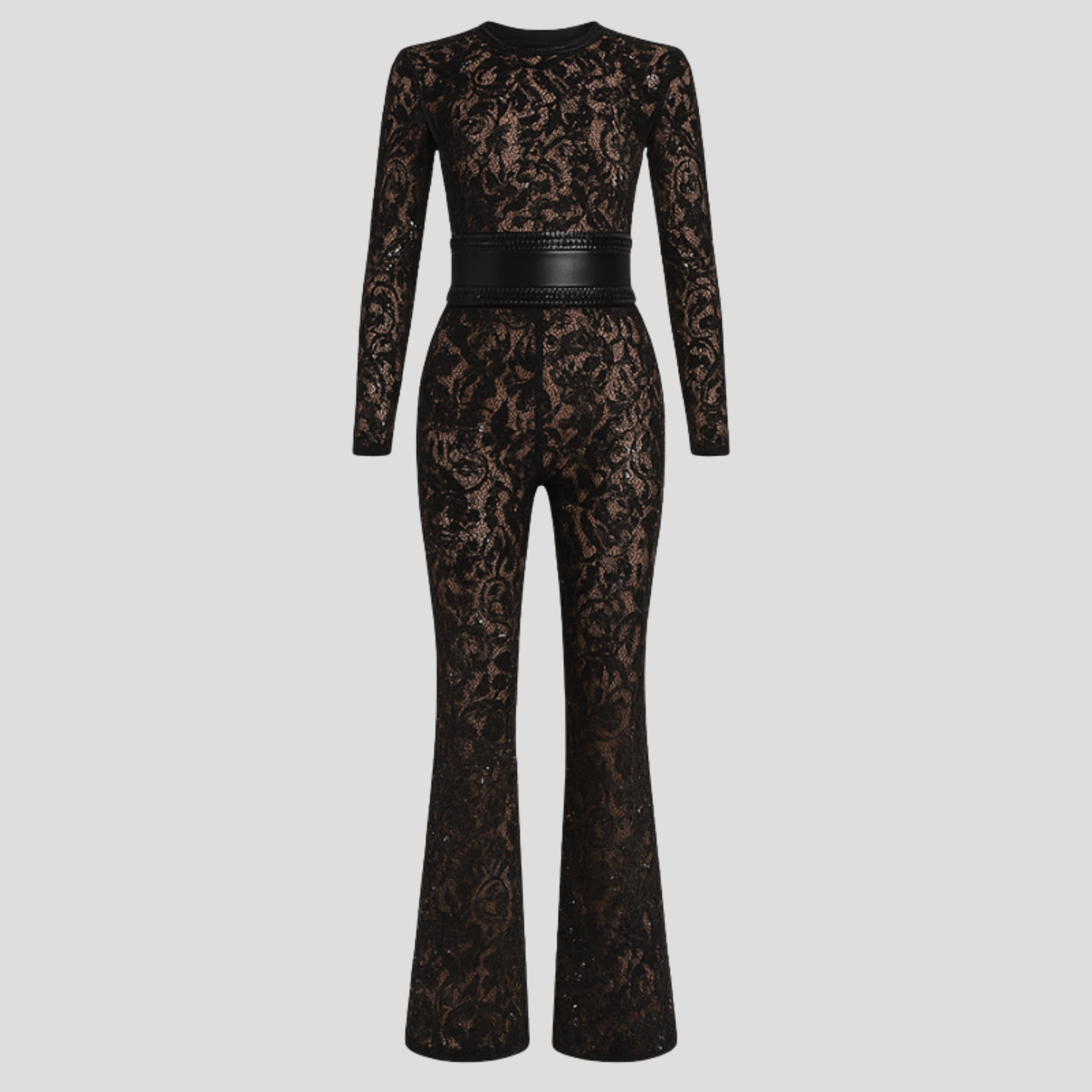 Women's jumpsuit with fitted bodice and flared leg silhouette in black and white