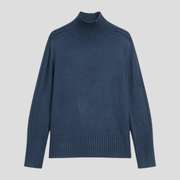 Navy blue ribbed high neck sweater with relaxed silhouette and extended cuffs