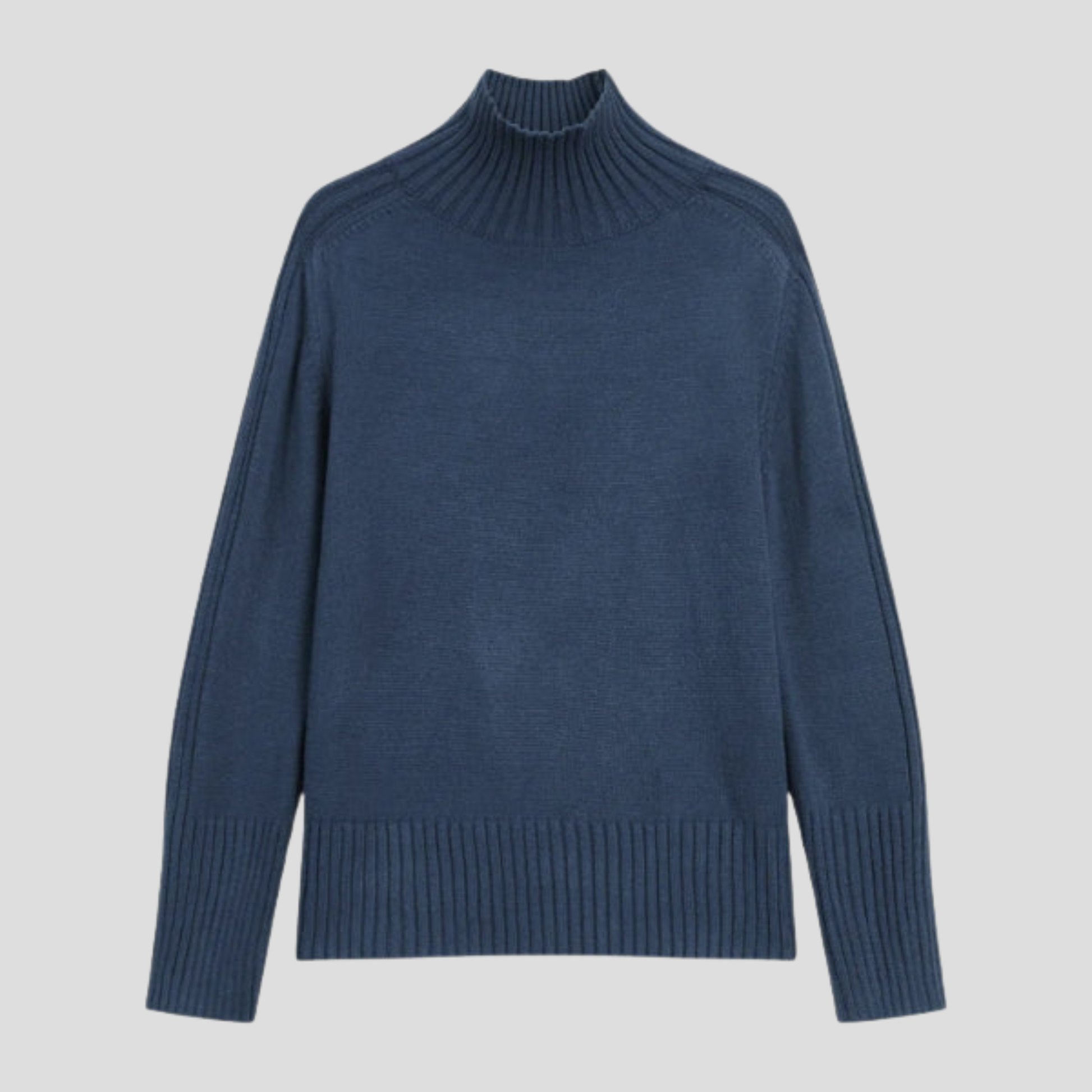 Navy blue ribbed high neck sweater with relaxed silhouette and extended cuffs