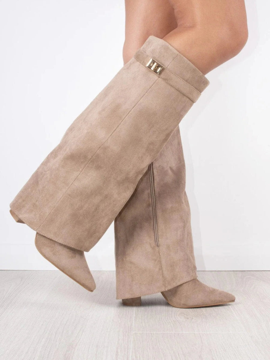 Elegant women's suede and leather boots with subtle golden accents