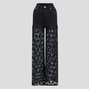 Black high-waist wide-leg jeans with delicate lace panel detail
