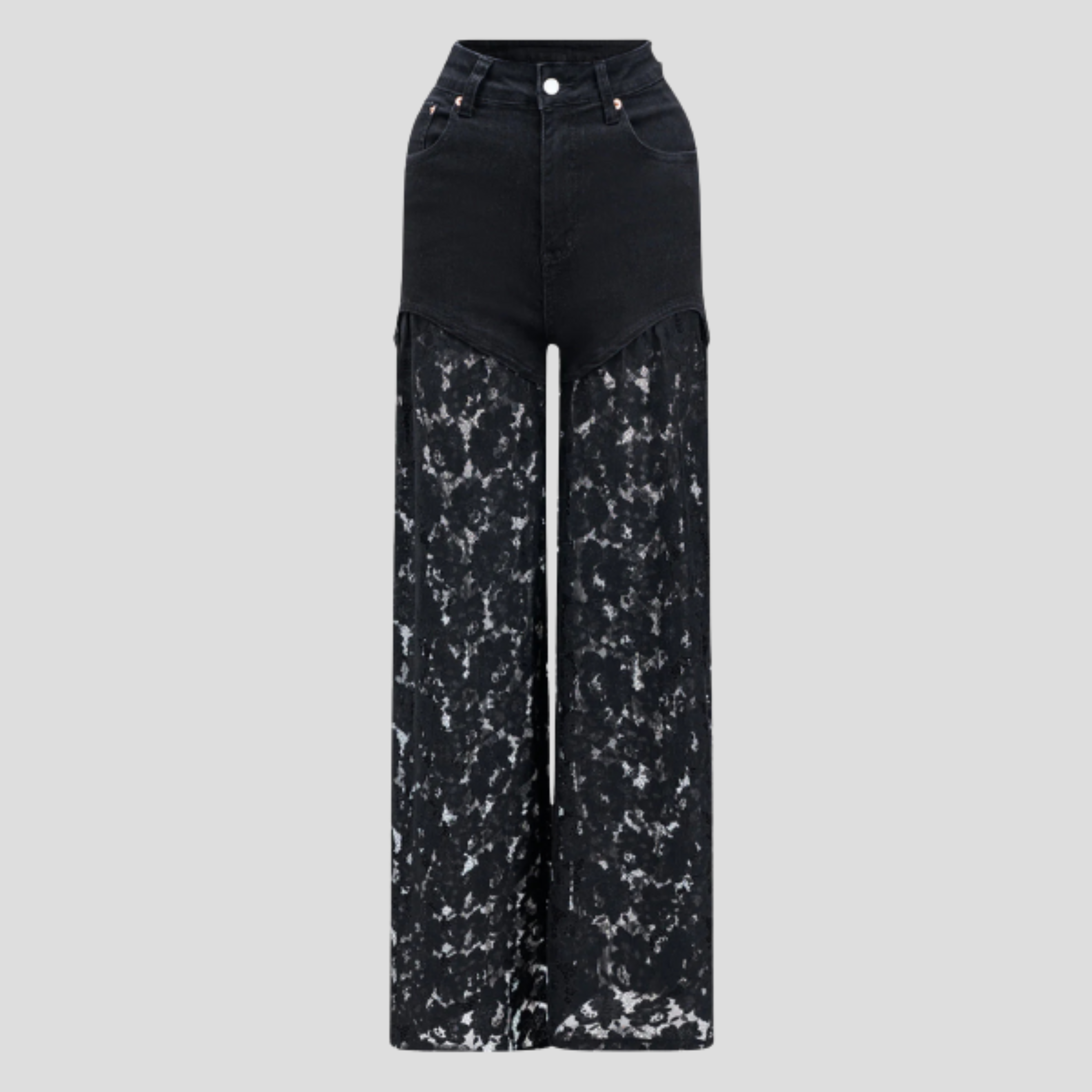 Black high-waist wide-leg jeans with delicate lace panel detail