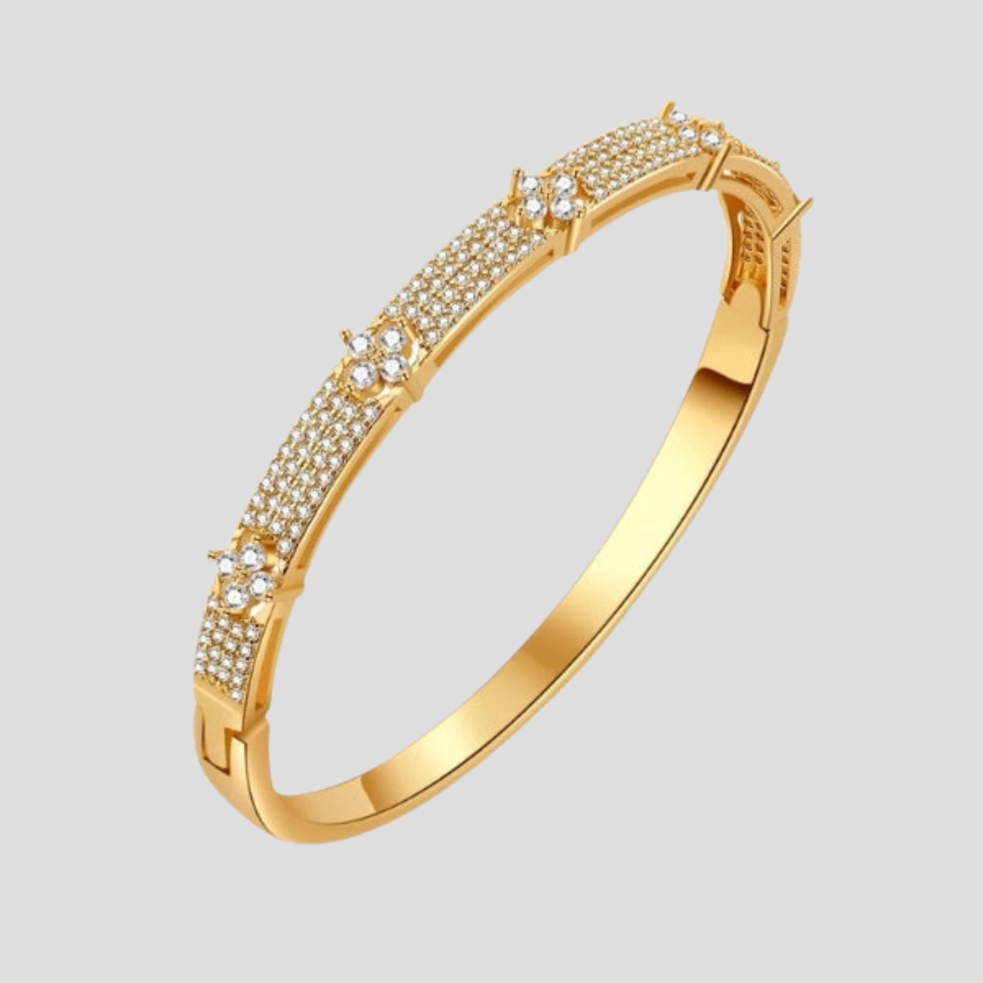 Hinged women's cuff bracelet with pavé panel detail in gold and silver tones