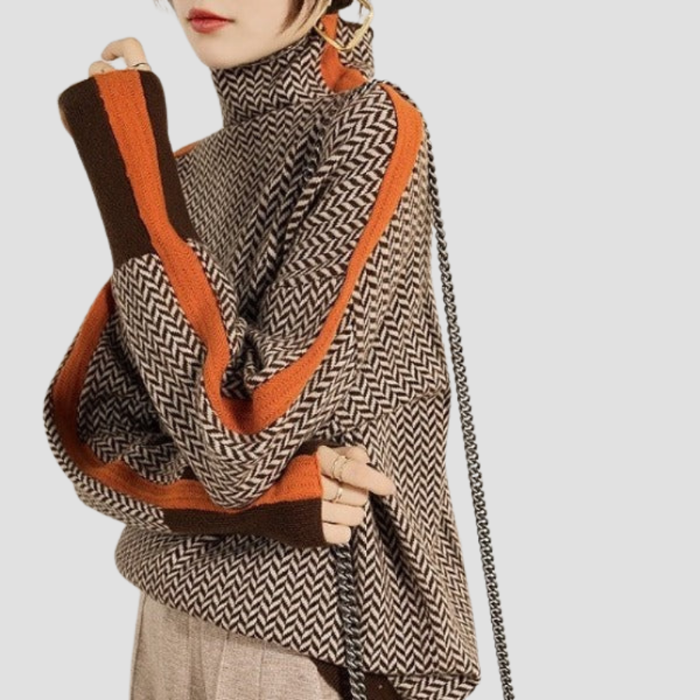 Women's orange cowl neck jumper with contrast striped sleeves