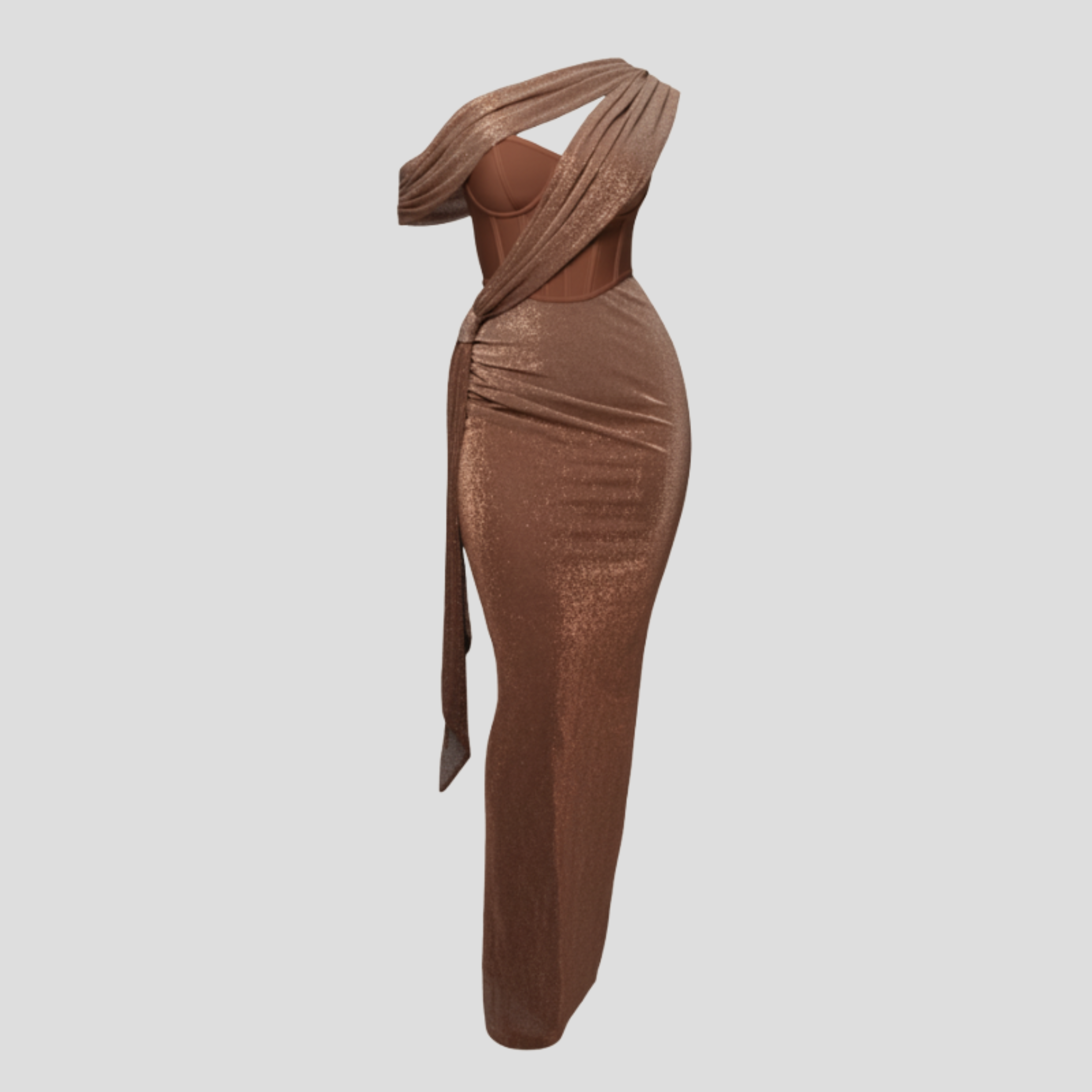 Woman wearing a one-shoulder draped floor-length maxi evening dress