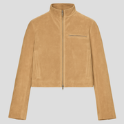 Beige cropped women's jacket with stand collar for everyday wear