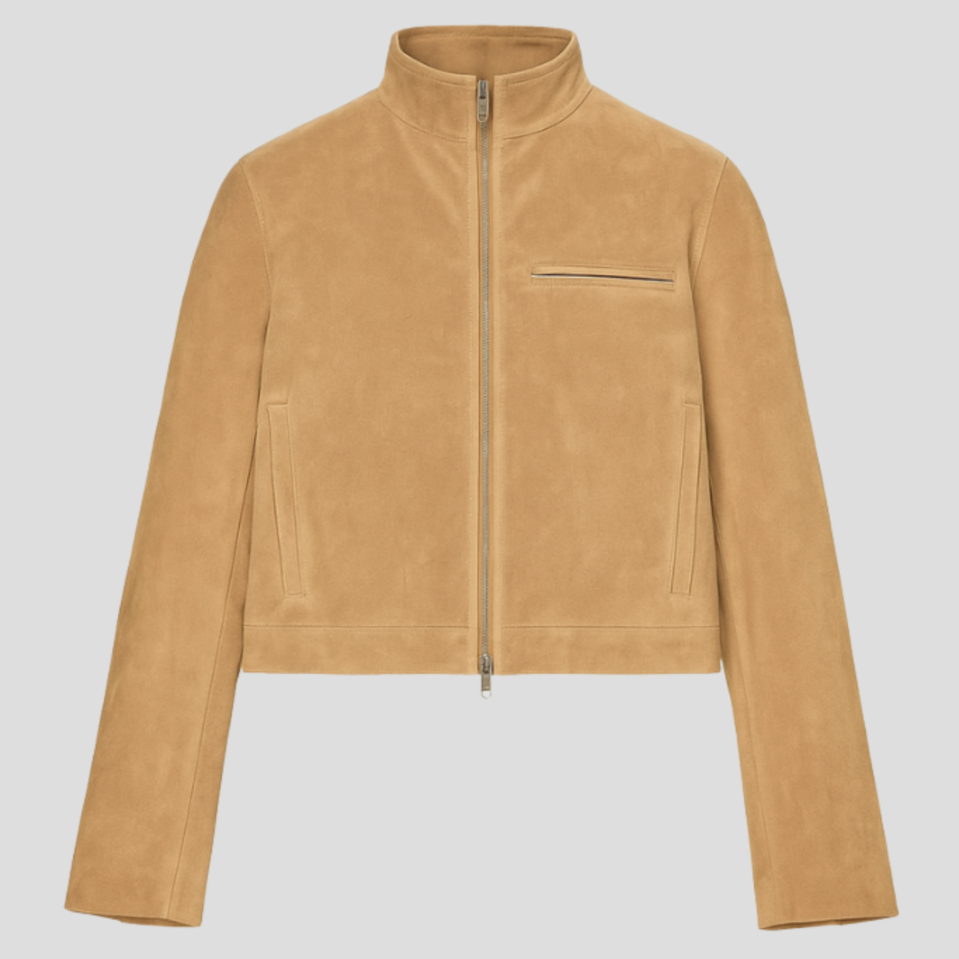 Beige cropped women's jacket with stand collar for everyday wear