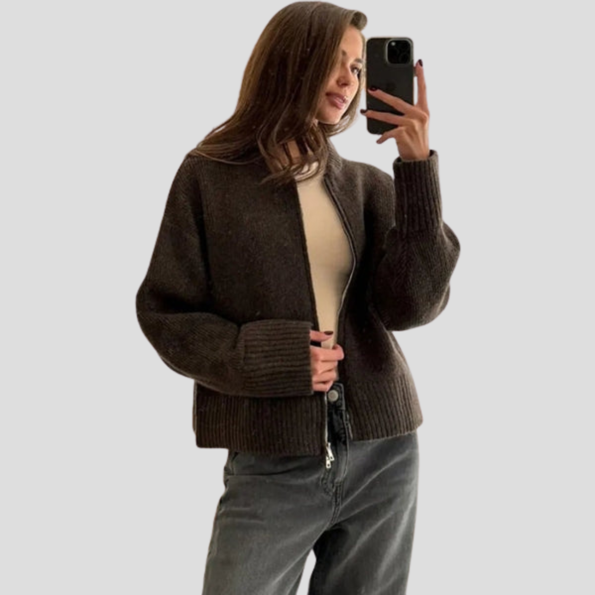 Women's zip-front relaxed cardigan shown in brown, beige and grey