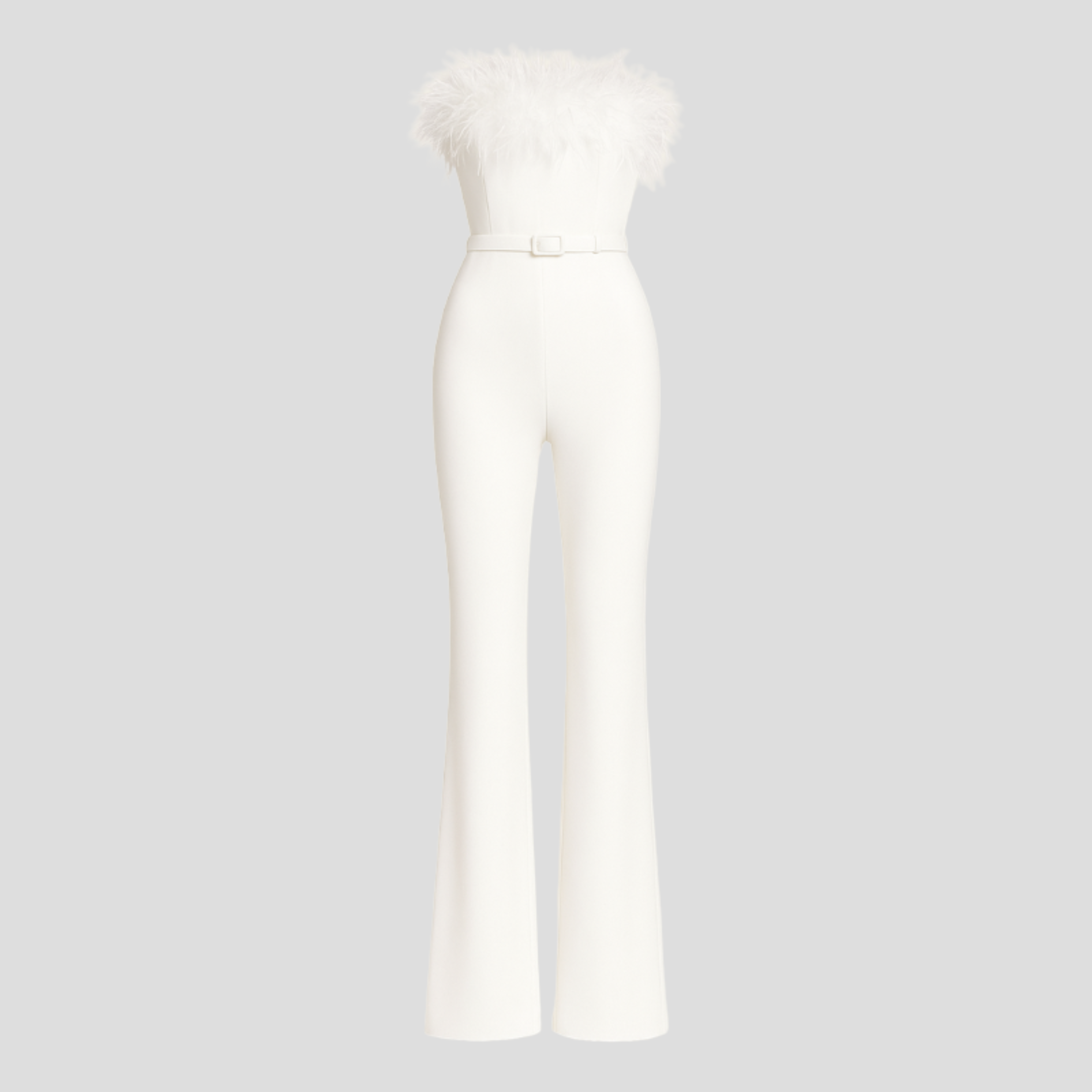 Women's strapless jumpsuit with feather-trim detail in white and black