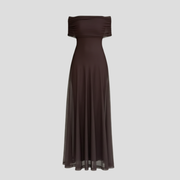 Brown off-shoulder maxi dress with sheer overlay and floor-length silhouette for evening wear