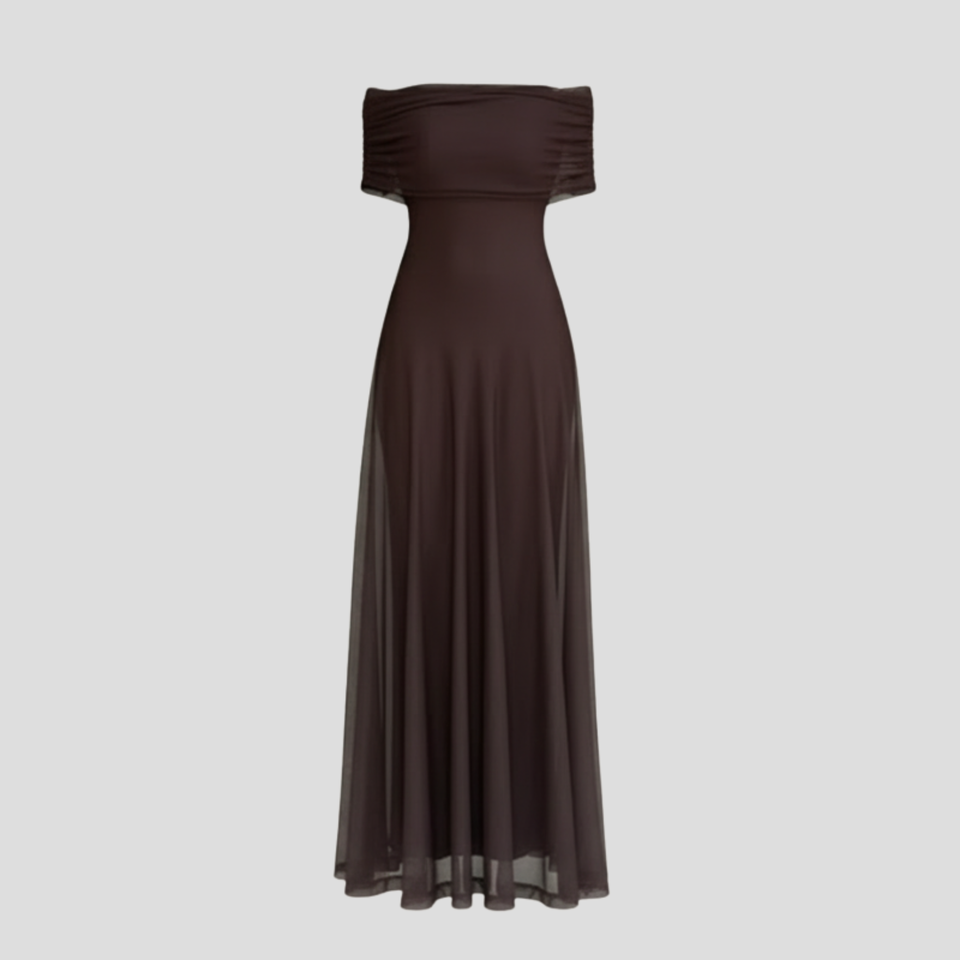 Brown off-shoulder maxi dress with sheer overlay and floor-length silhouette for evening wear