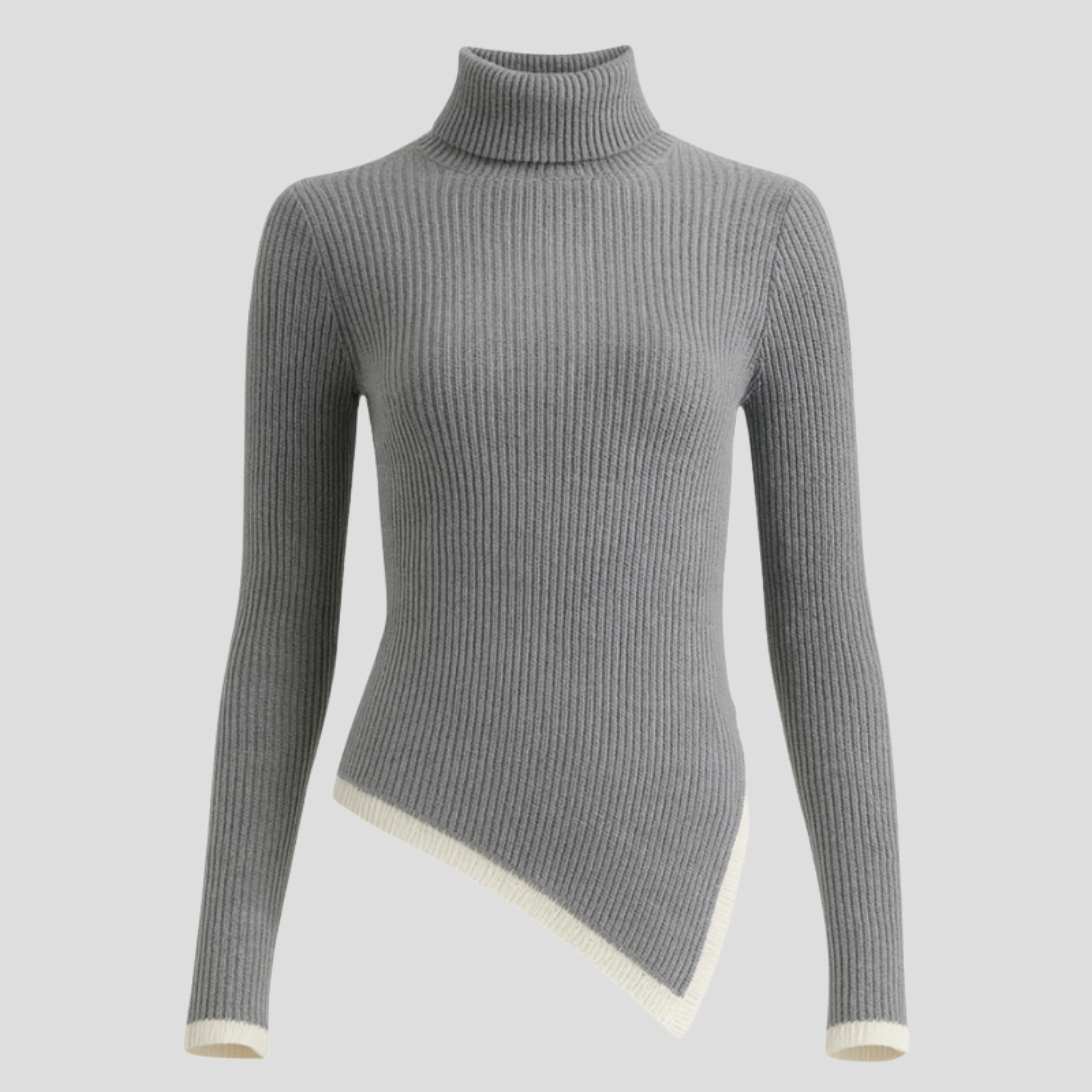 Grey high-neck ribbed knit pullover sweater for women