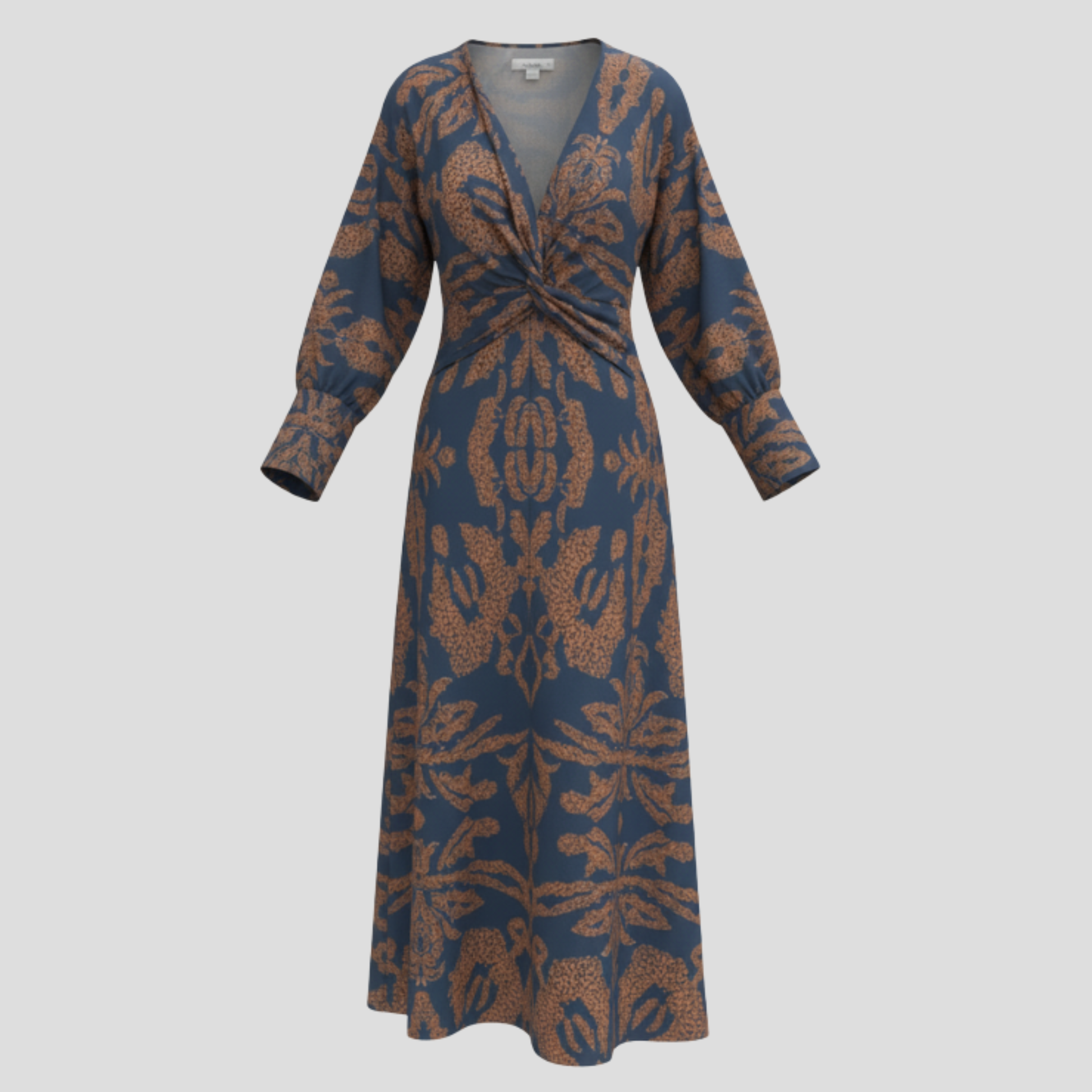 Women's flowing midi dress with defined waist shown in blue, green, red and purple