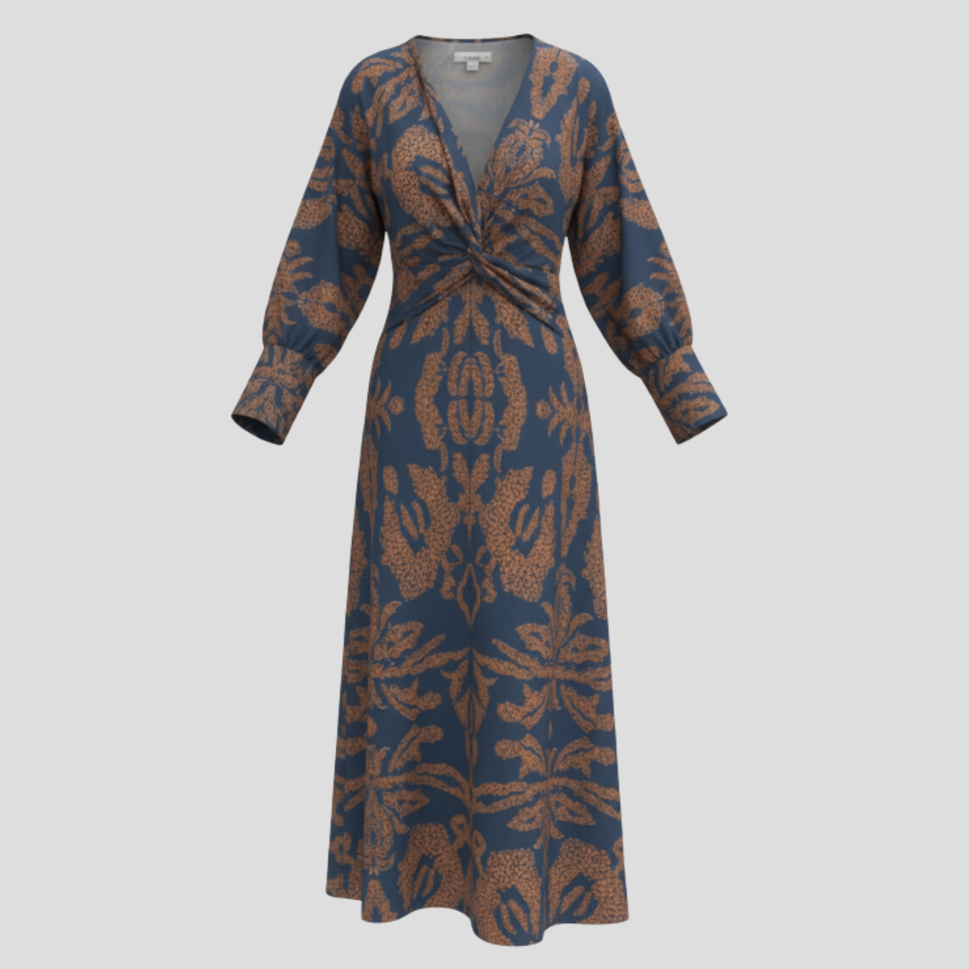 Women's flowing midi dress with defined waist shown in blue, green, red and purple