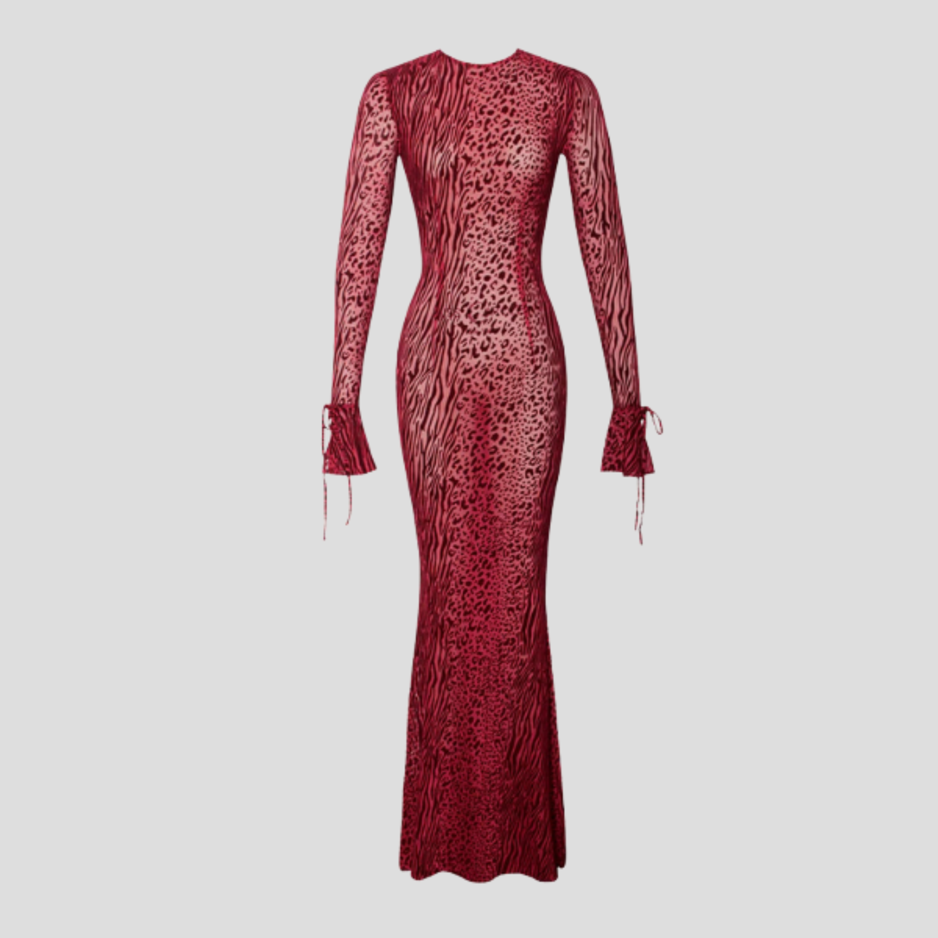 Red long sleeve maxi dress with flared cuff detail and flowing silhouette