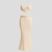 White crochet bralette and full-length maxi skirt two-piece set for women