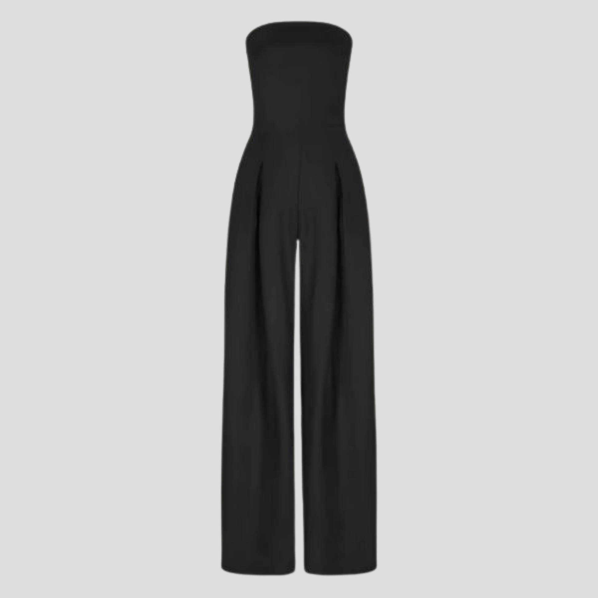 Women's strapless straight-leg jumpsuit shown in black, beige, and navy