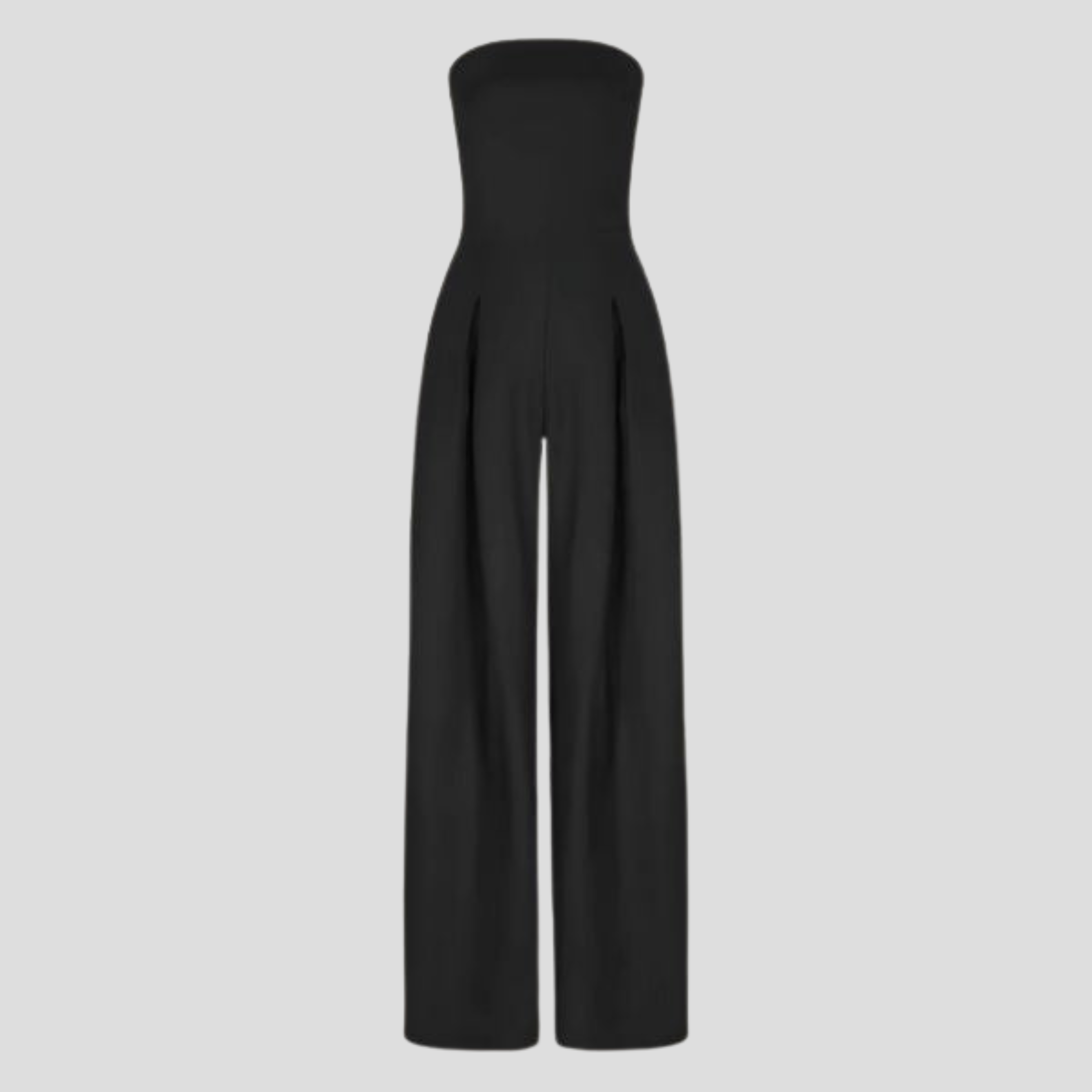 Women's strapless straight-leg jumpsuit shown in black, beige, and navy