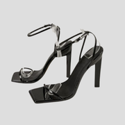 Women's square toe strappy block heel sandals in black, orange, and beige