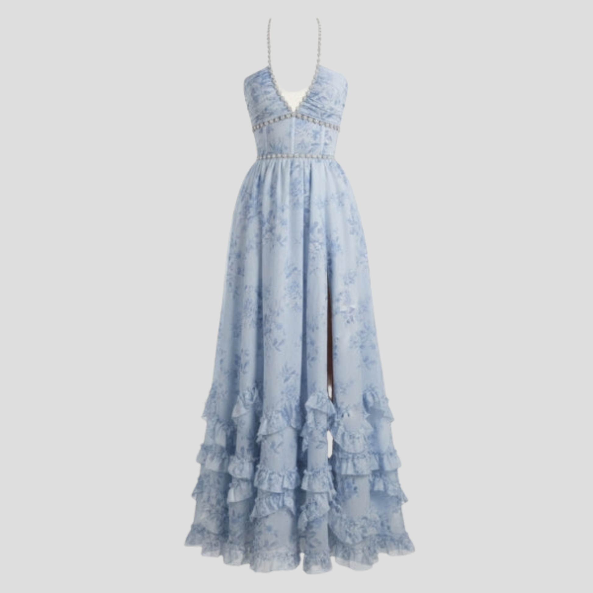 Blue maxi dress with corset bodice and ruffled hem for evening wear