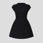Women's cap sleeve mini dress with structured pocket flap detailing in black