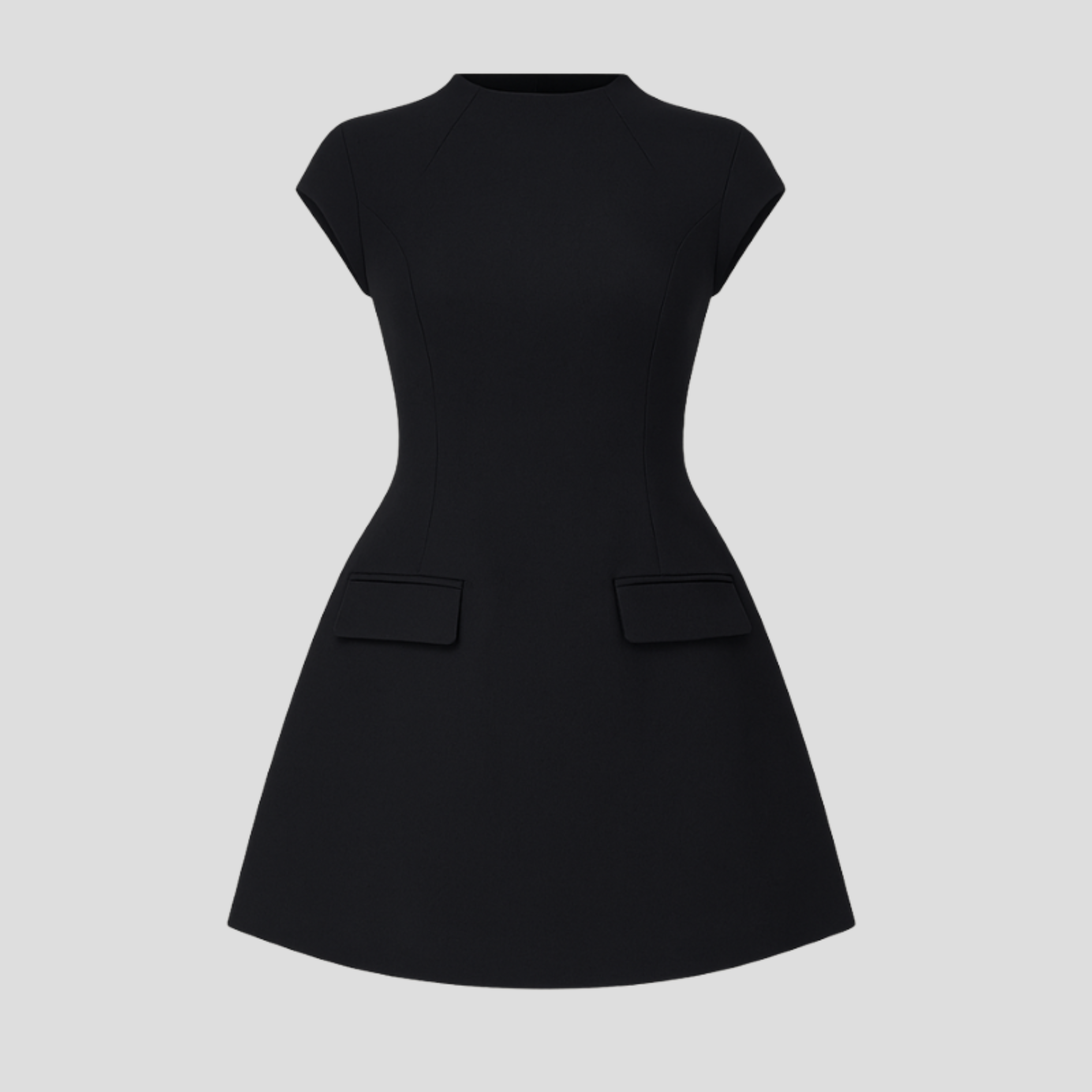 Women's cap sleeve mini dress with structured pocket flap detailing in black