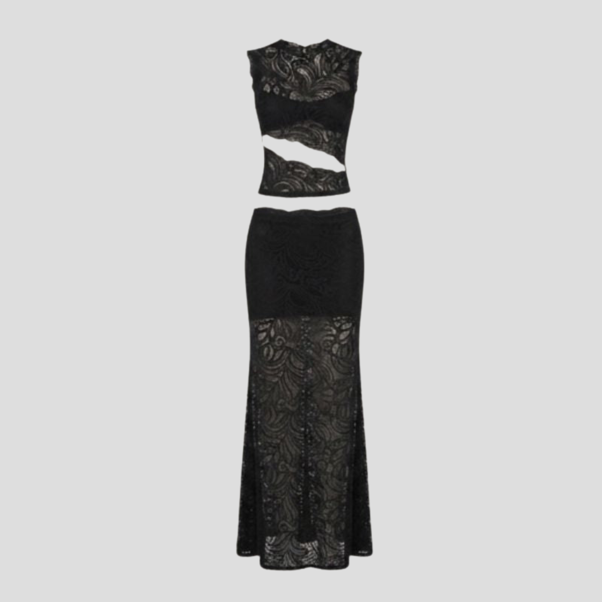 Women's two-piece maxi set with sleeveless cropped top and high-waist skirt in black and red