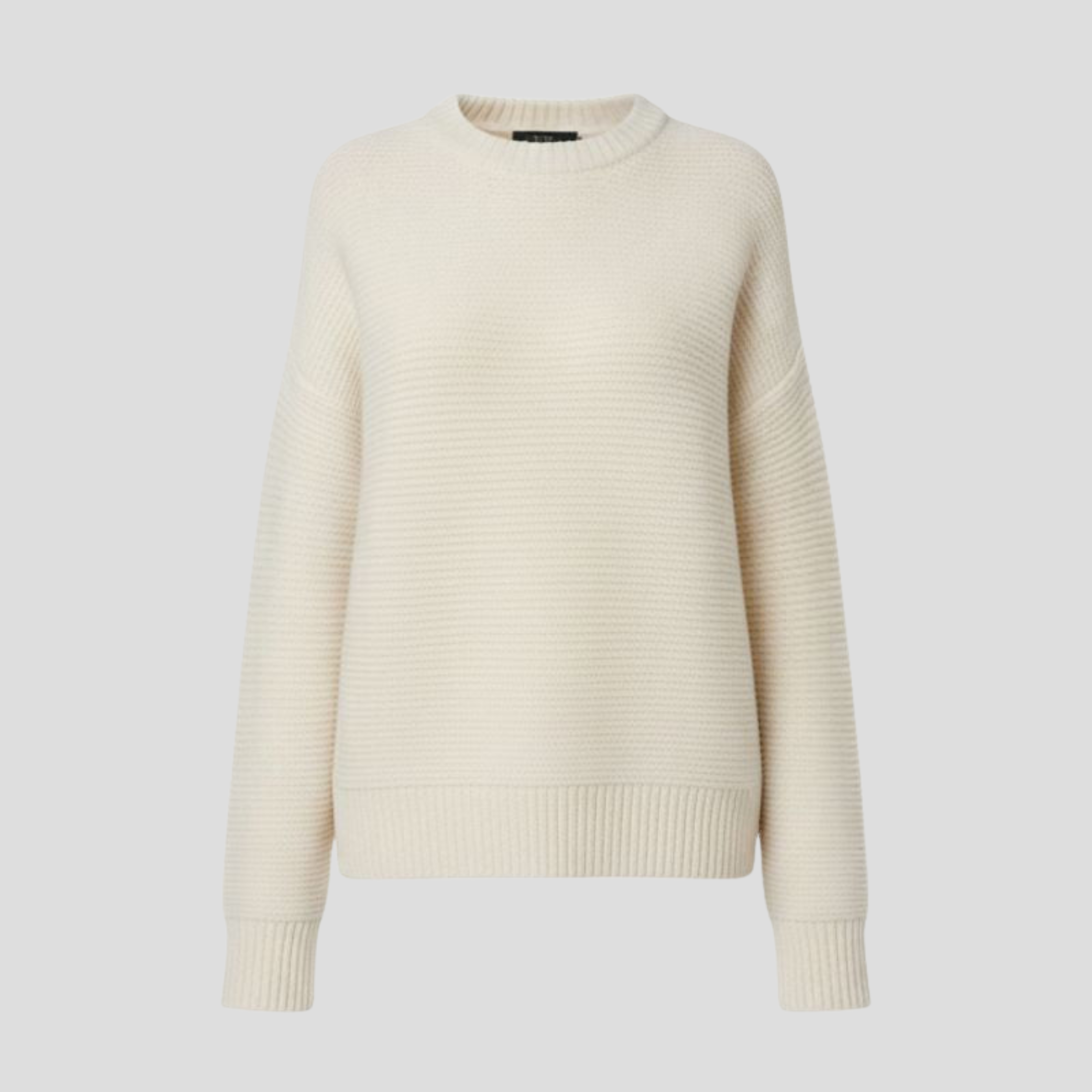 Women's white textured crew neck sweater with a relaxed everyday silhouette