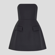 Strapless mini dress with structured bodice and flared skirt in black and white
