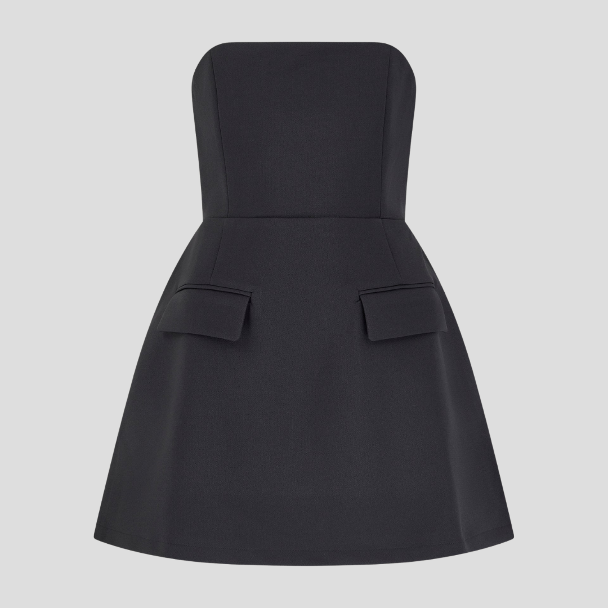 Strapless mini dress with structured bodice and flared skirt in black and white